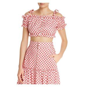 PALOMABLUE Womens Red Ruffled Polka Dot Pouf Off Shoulder Crop Top Size: M